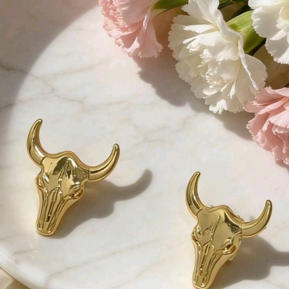 Gold Bull Skull Stud Earrings Sculpted Metallic